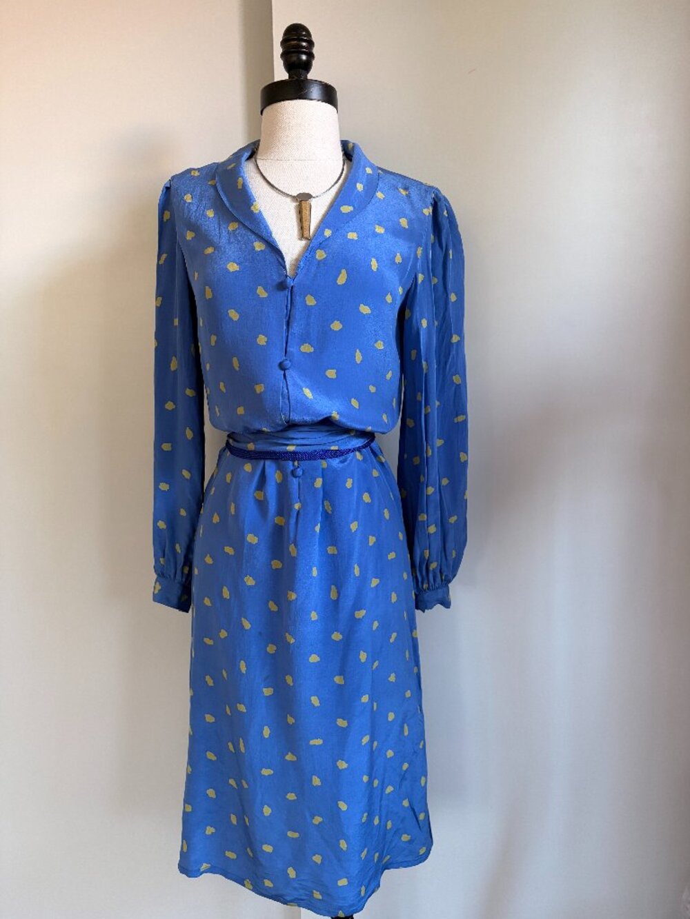 1980s Blue Silk Belted Dress Small